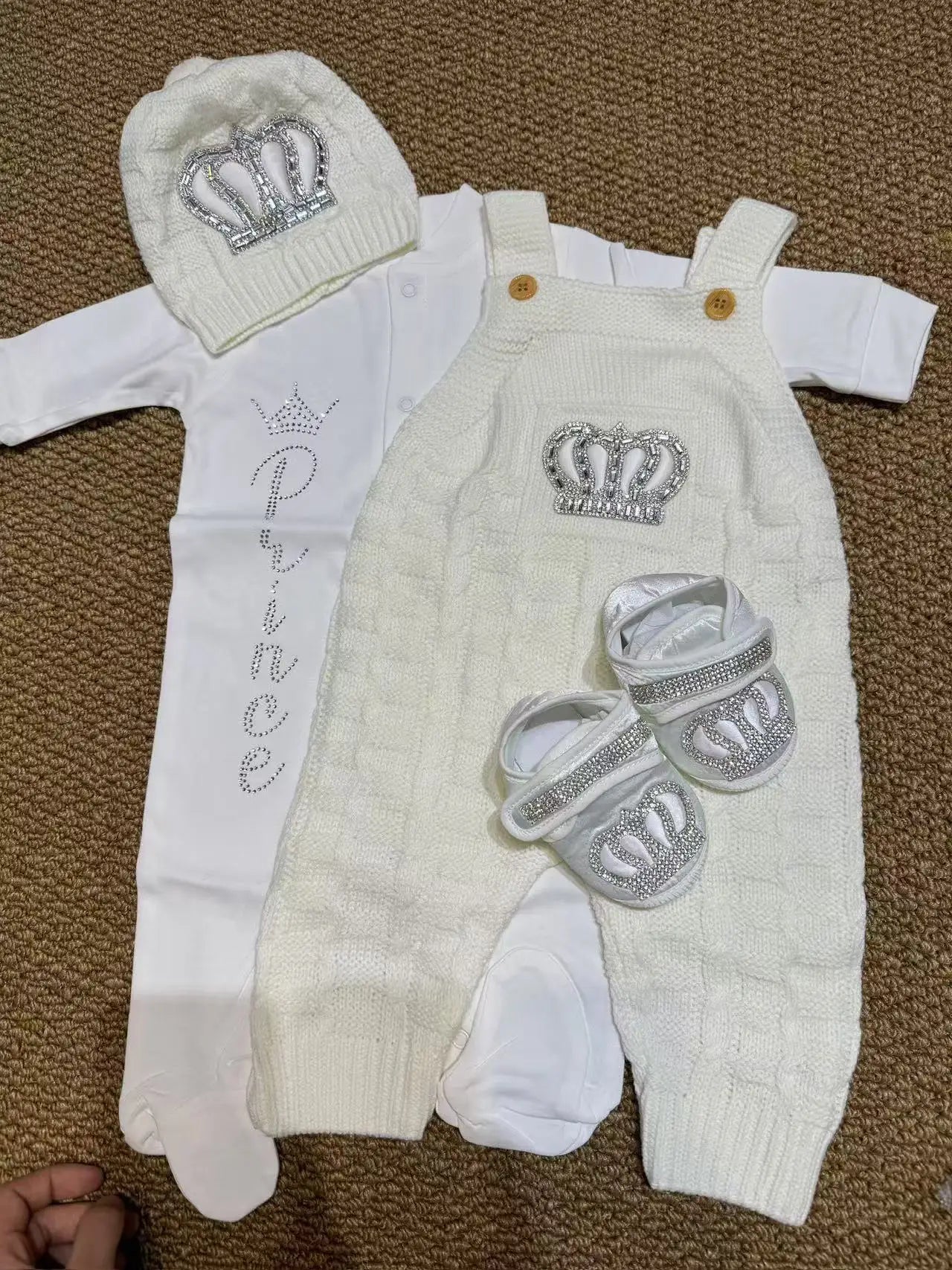 White Baptism Baby Coming Home Hospital Outfit Cotton Romper Knitted Back pants Receiving Blanket Swaddle Gift Set