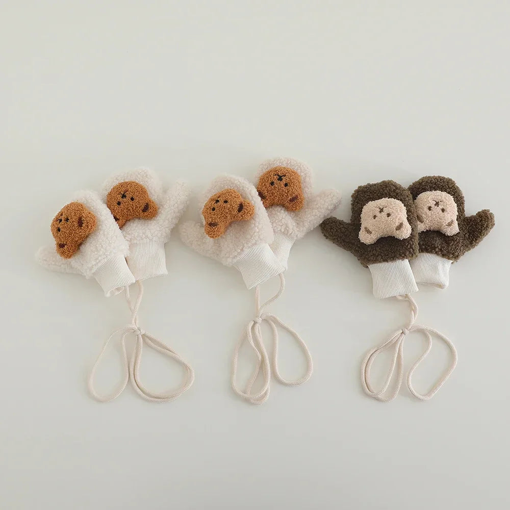 2-5Y Kids Cute Bear Full Finger Gloves - Winter Lamb Wool Warm Windproof Cold-Proof Outdoor Mittens for Boys & Girls