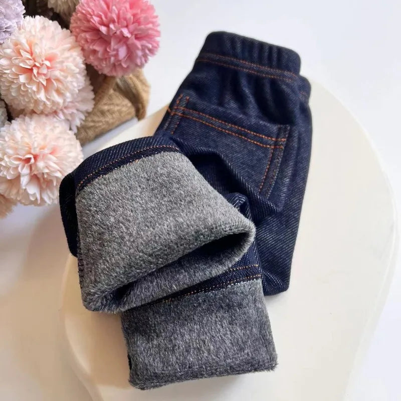 Winter Baby Boys Imitation Denim 2-6Y Children Thin Loose Trousers Boys Stretch Warm Pants Autumn Fashion Kids Fleece Jeans