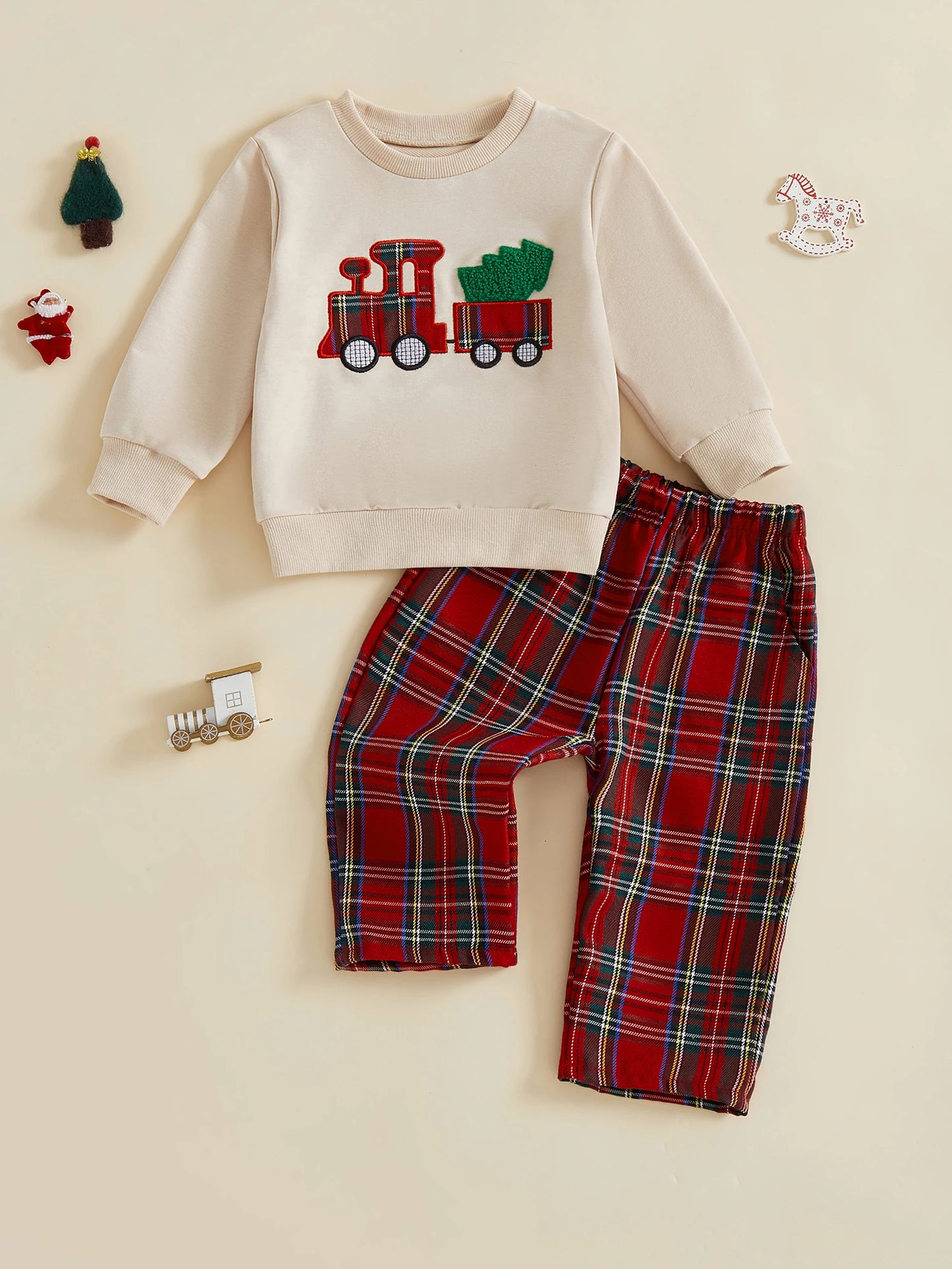 Toddler Boy Christmas Outfits Long Sleeve Reindeer Embroidery Sweater Checkered Pants Set Kids Winter Clothing for Holidays