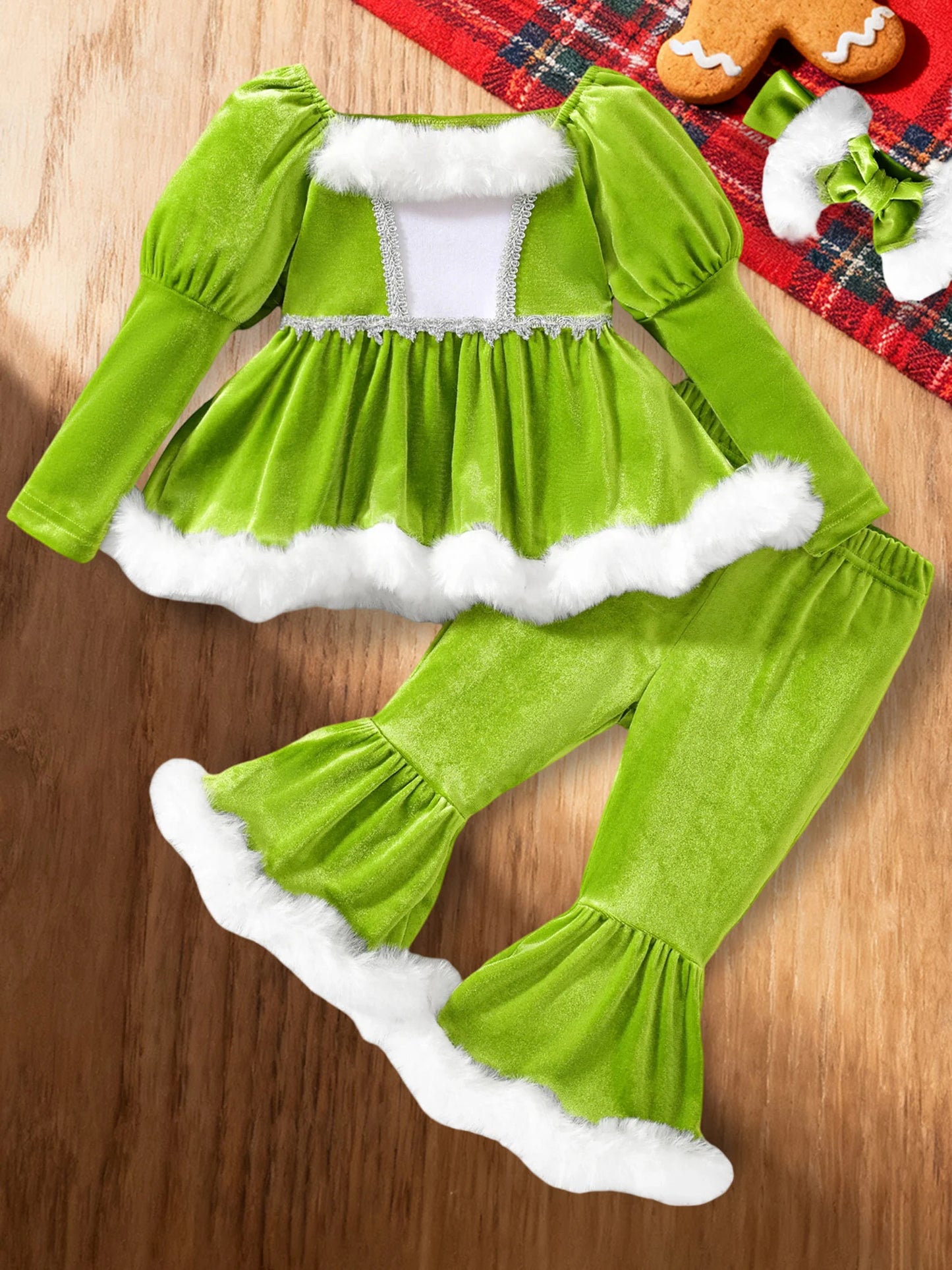 3Pcs Christmas Toddler Girl Outfit Long Sleeve Square Neck Plush Trim Tops with Elastic Waist Flare Pants Headband