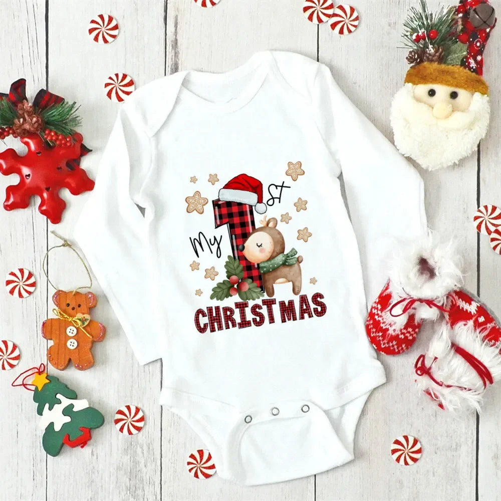 My First Christmas Newborn Baby Long Sleeve Romper Cartoon Deer Santa Printed Outfit Infant Baptism Bodysuit Clothes Xmas Gift
