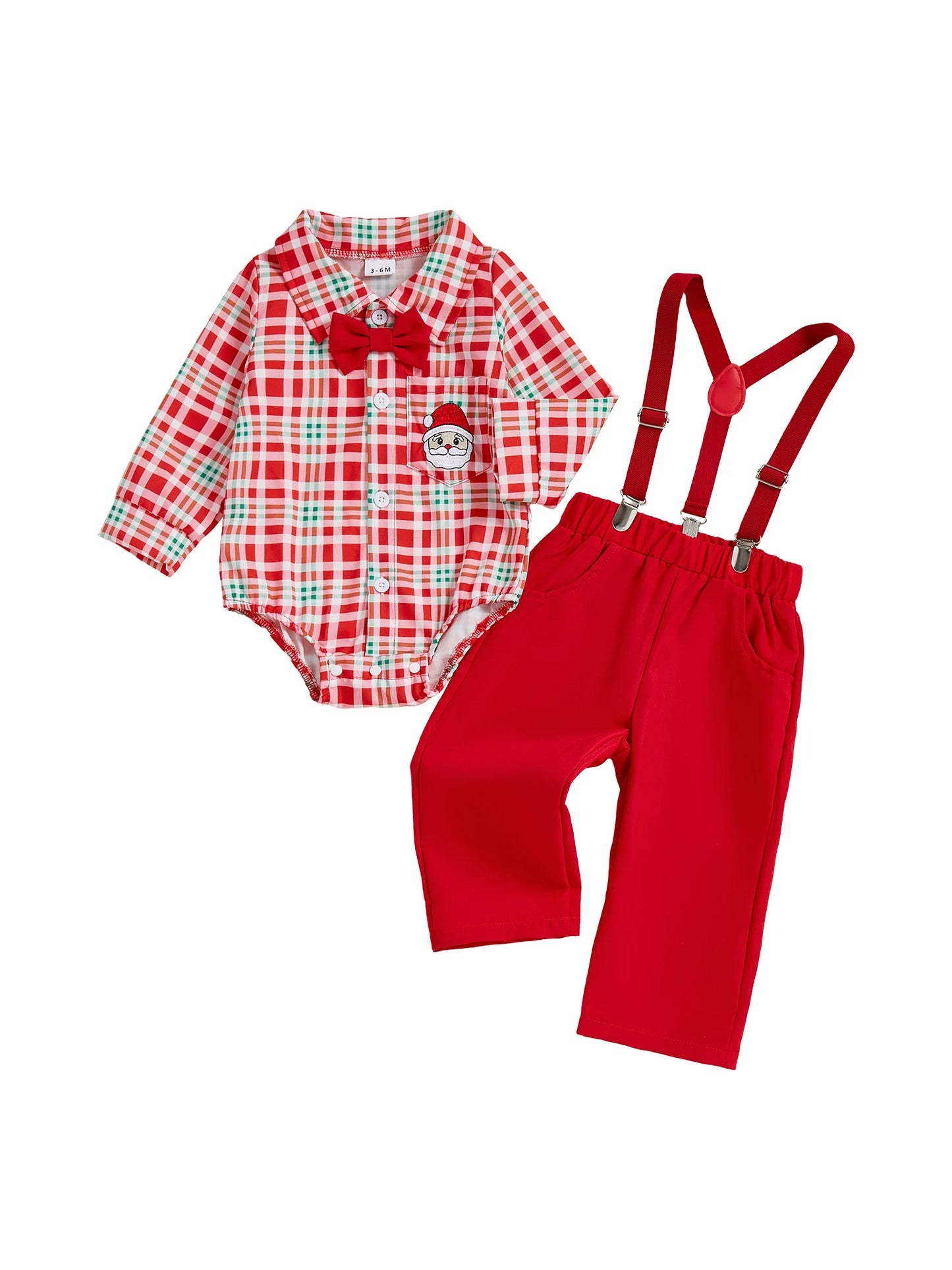 Toddler Boys Holiday Outfit Long Sleeve Plaid Shirt and Suspender Pants Set with Bow Tie Christmas Party Costume