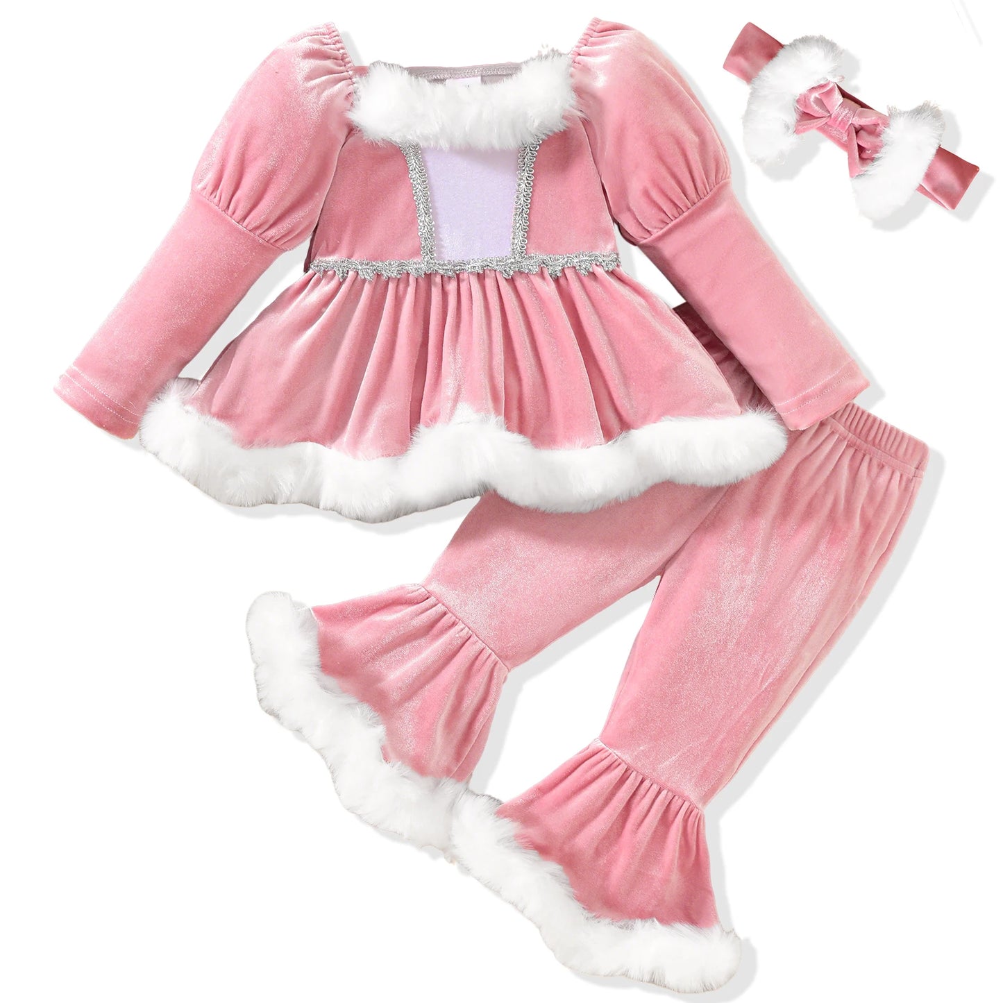 3Pcs Christmas Toddler Girl Outfit Long Sleeve Square Neck Plush Trim Tops with Elastic Waist Flare Pants Headband