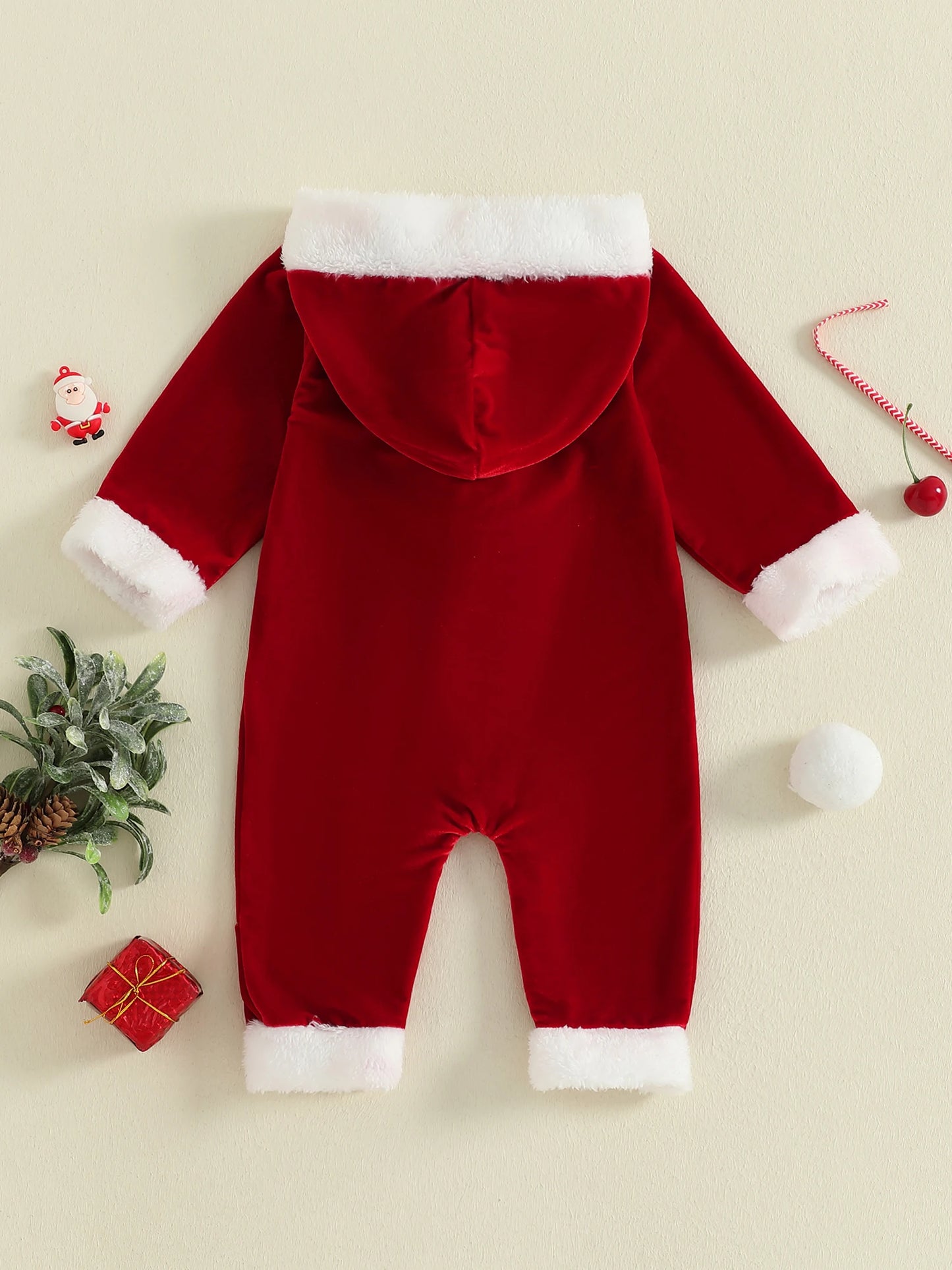 Infant Holiday Red Velvet  with Festive Belt Design Long Sleeves Hood and Santa Print - Adorable Christmas Outfit