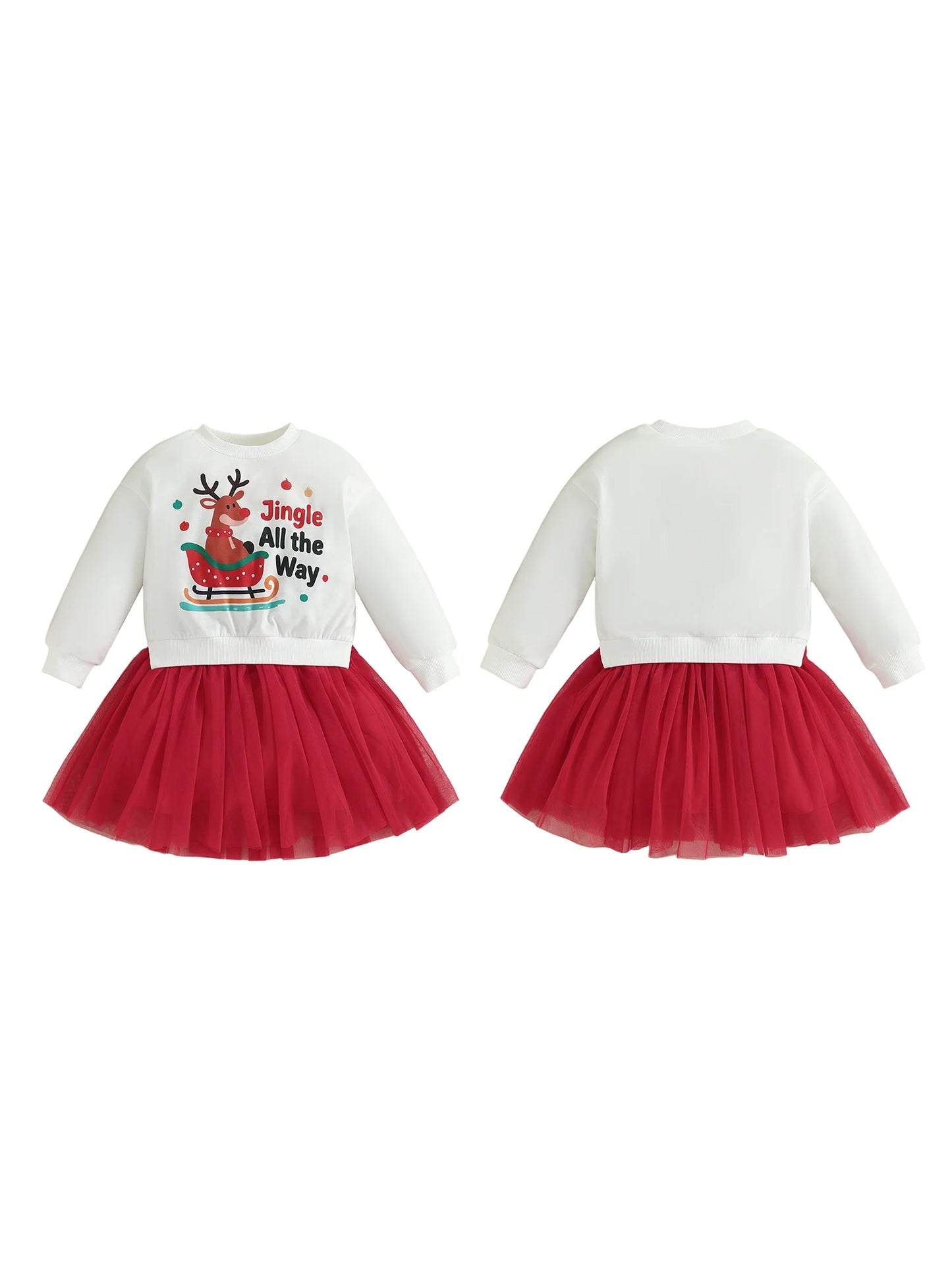 Girls Christmas Dress with Snowflake Print and Bow Detail Round Neck Long Sleeves Tulle Patchwork Dress
