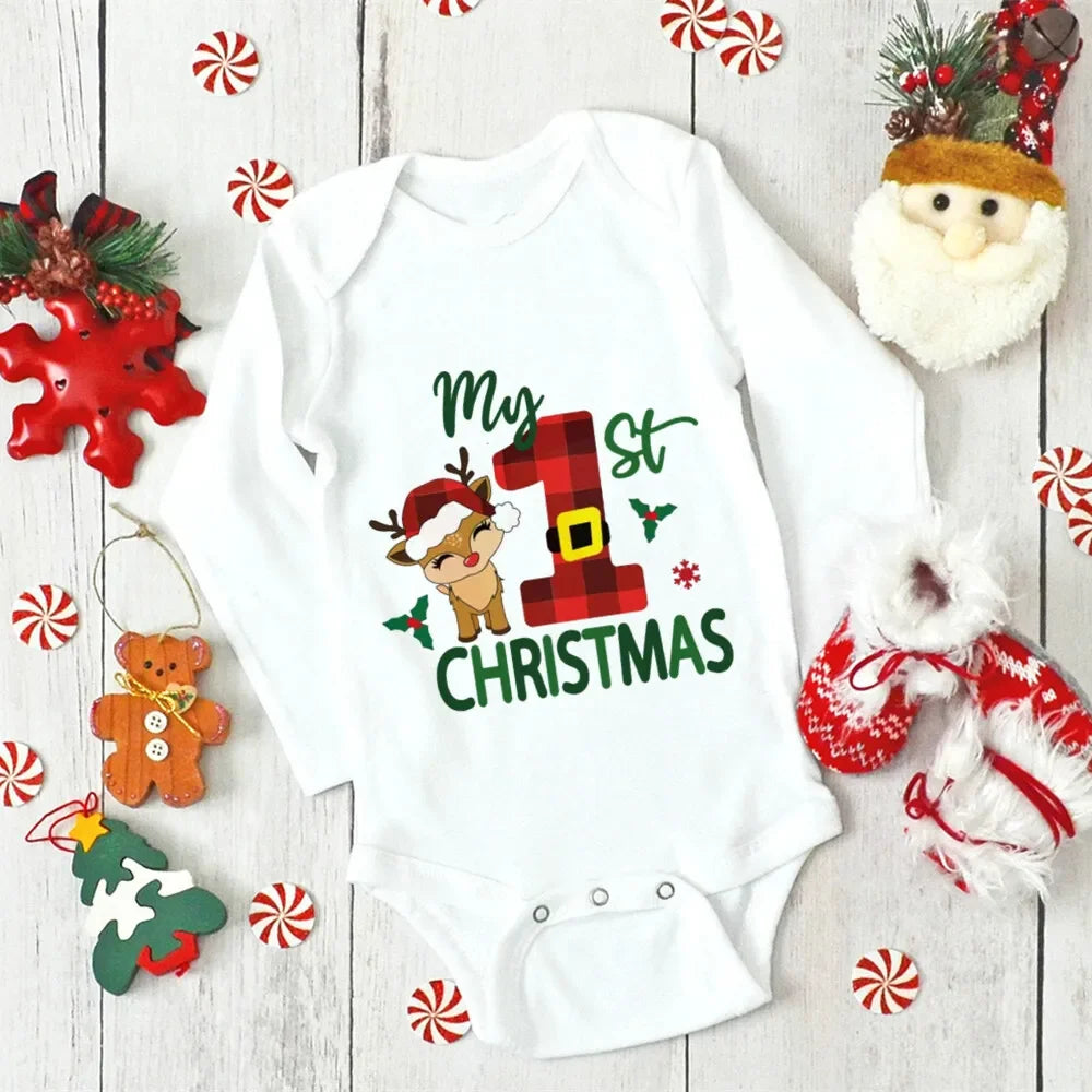 My First Christmas Newborn Baby Long Sleeve Romper Cartoon Deer Santa Printed Outfit Infant Baptism Bodysuit Clothes Xmas Gift