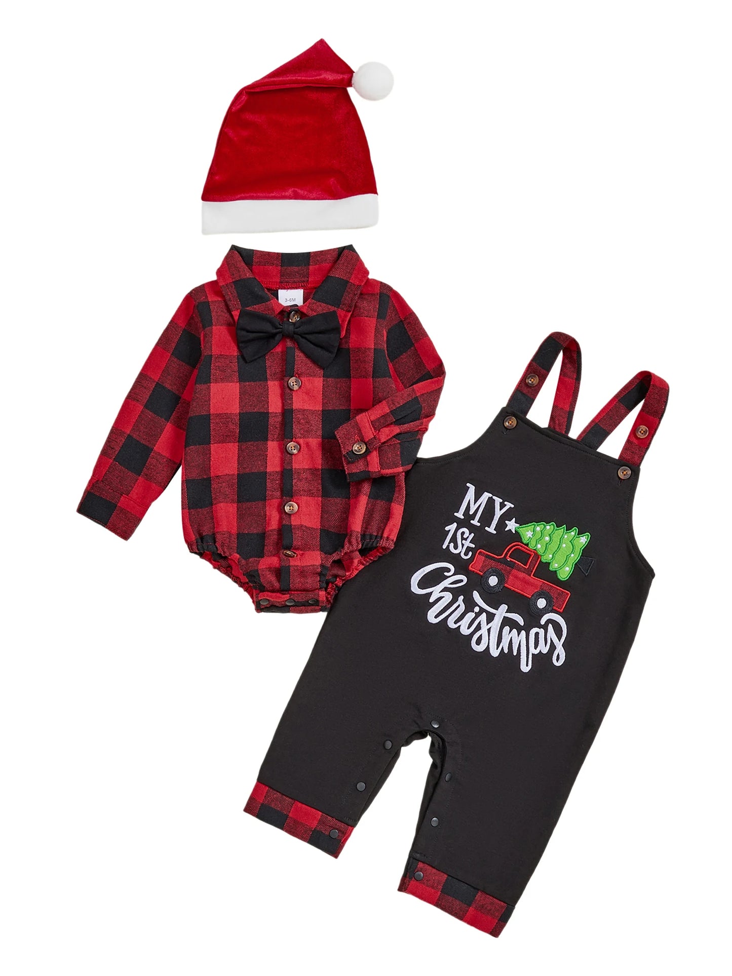 Toddler Boy Winter Outfit Plaid Shirt Long Sleeve Overalls Pants and Hat 3Pcs Christmas Clothes Set Letter Embroidery Jumpsuit