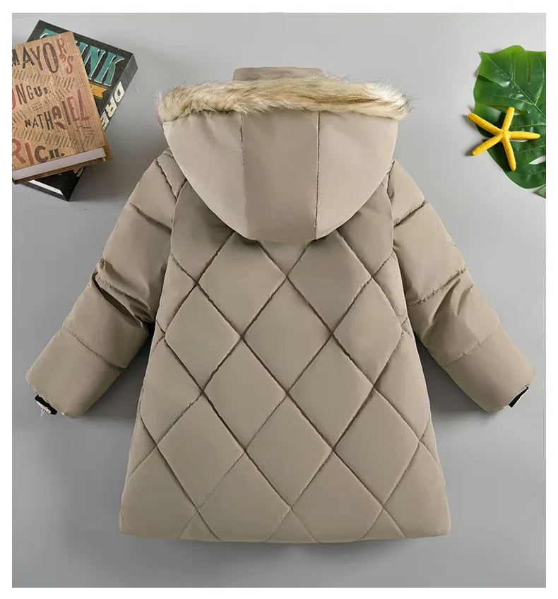 New Winter Boys Jacket Long Style Letter Print Thick Warm Hooded Coat Fur Collar Down Cotton Outerwear For 4-10 Years Kids