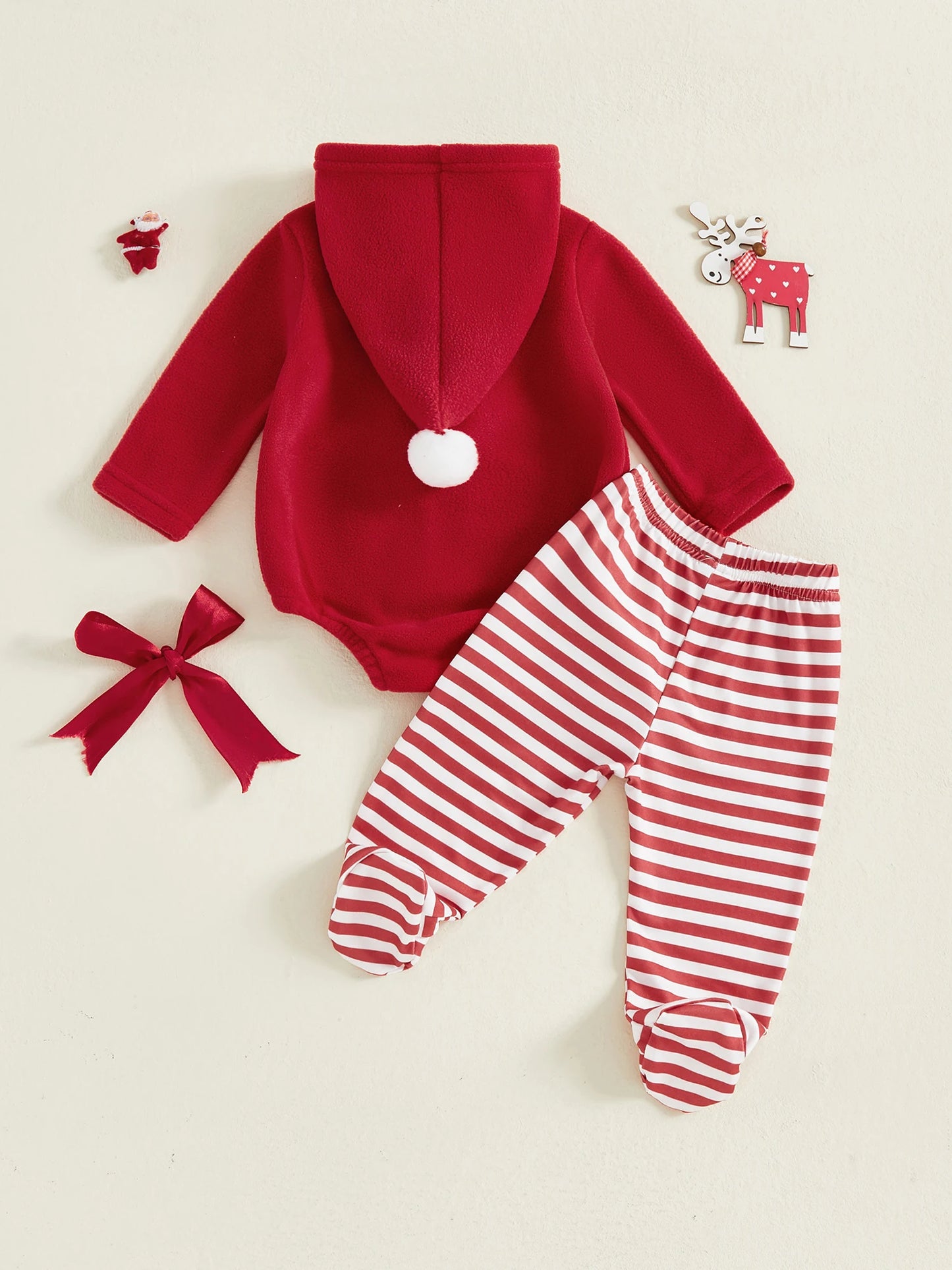 Christmas Toddler Outfit Adorable Santa Claus Hooded Jumpsuit with Matching Striped Pants for Baby Boys and Girls