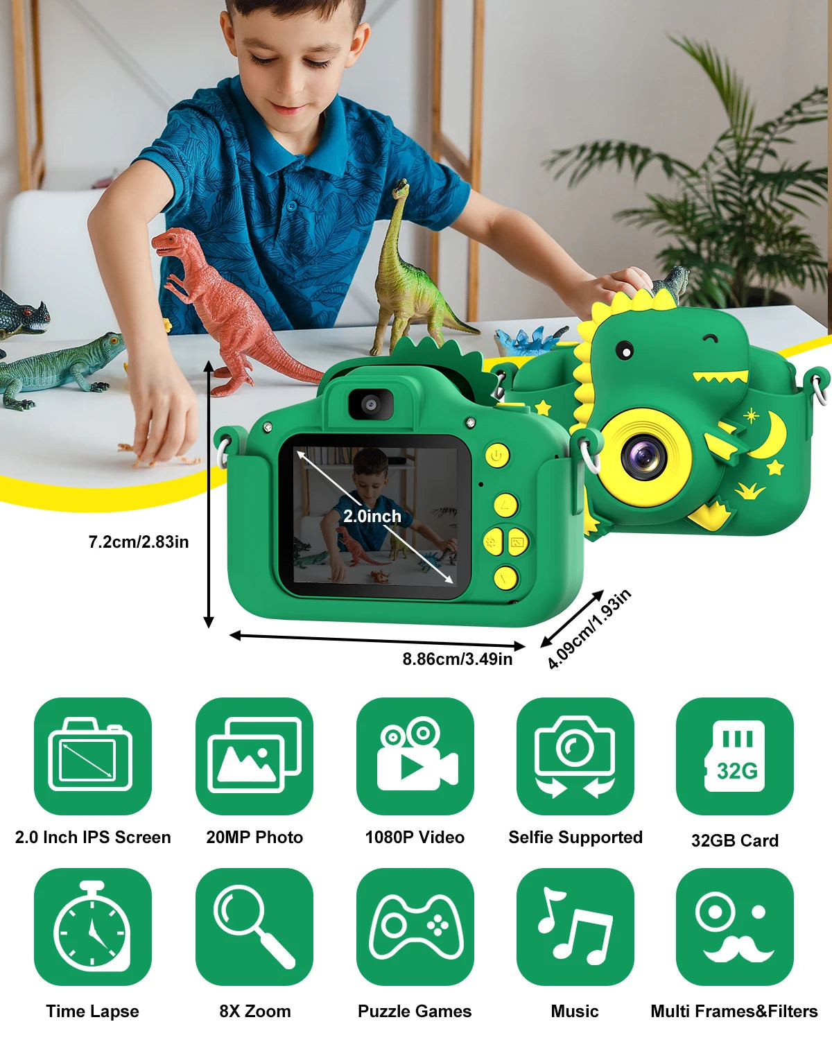 2.0" Kid‘s Digital Camera Rechargeable Cartoon Camera Toy 20MP 1080P HD Mini Selfie Camera Gift For Boys Girls