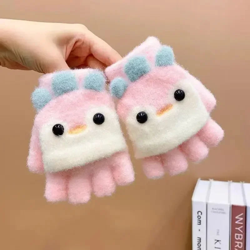 2-8Y Kids Winter Plush Mittens - Cute Penguin Cartoon Flip Half & Full Finger Gloves for Boys & Girls