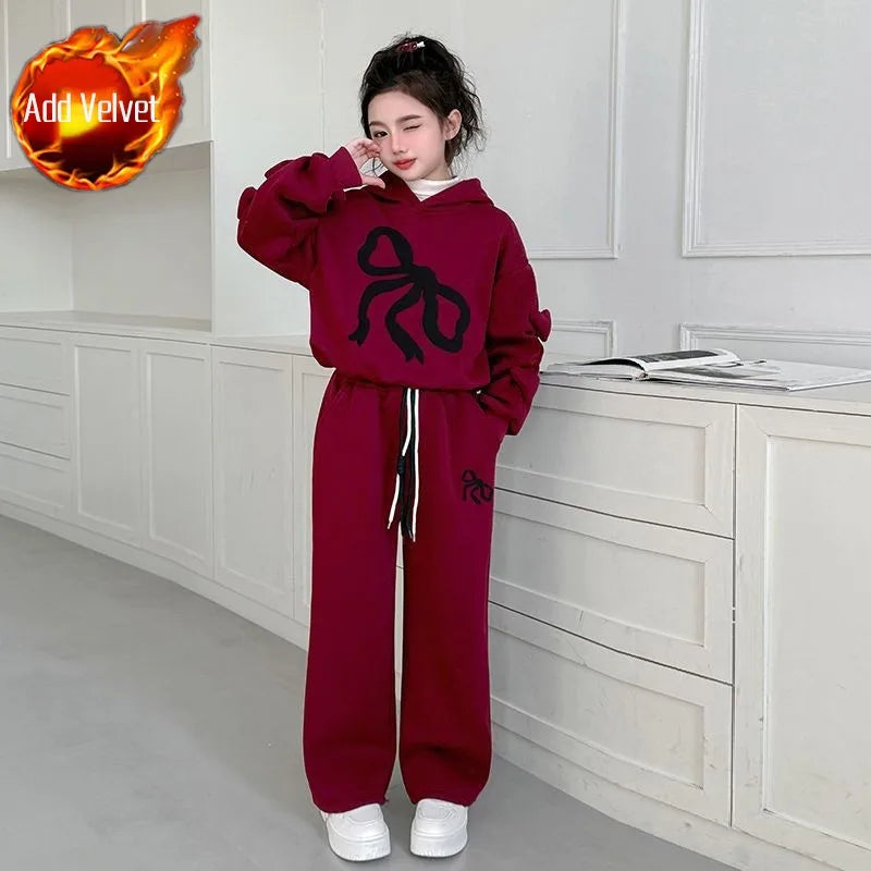 Fleece-lined Top & Pants 2-Piece Set Hoodies Bow Girls' Outfits Children's Clothing Korean Kids Clothes 11 12 Years Girl 10 Old