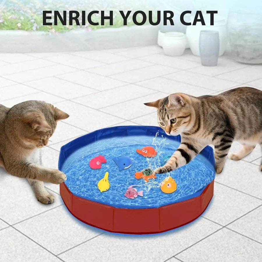 Cat Pool Toy with Interactive Fish Portable Cat Enrichment Toys for Indoor Cats Self Play Summer Kitty Pool with 8 Floating Swi