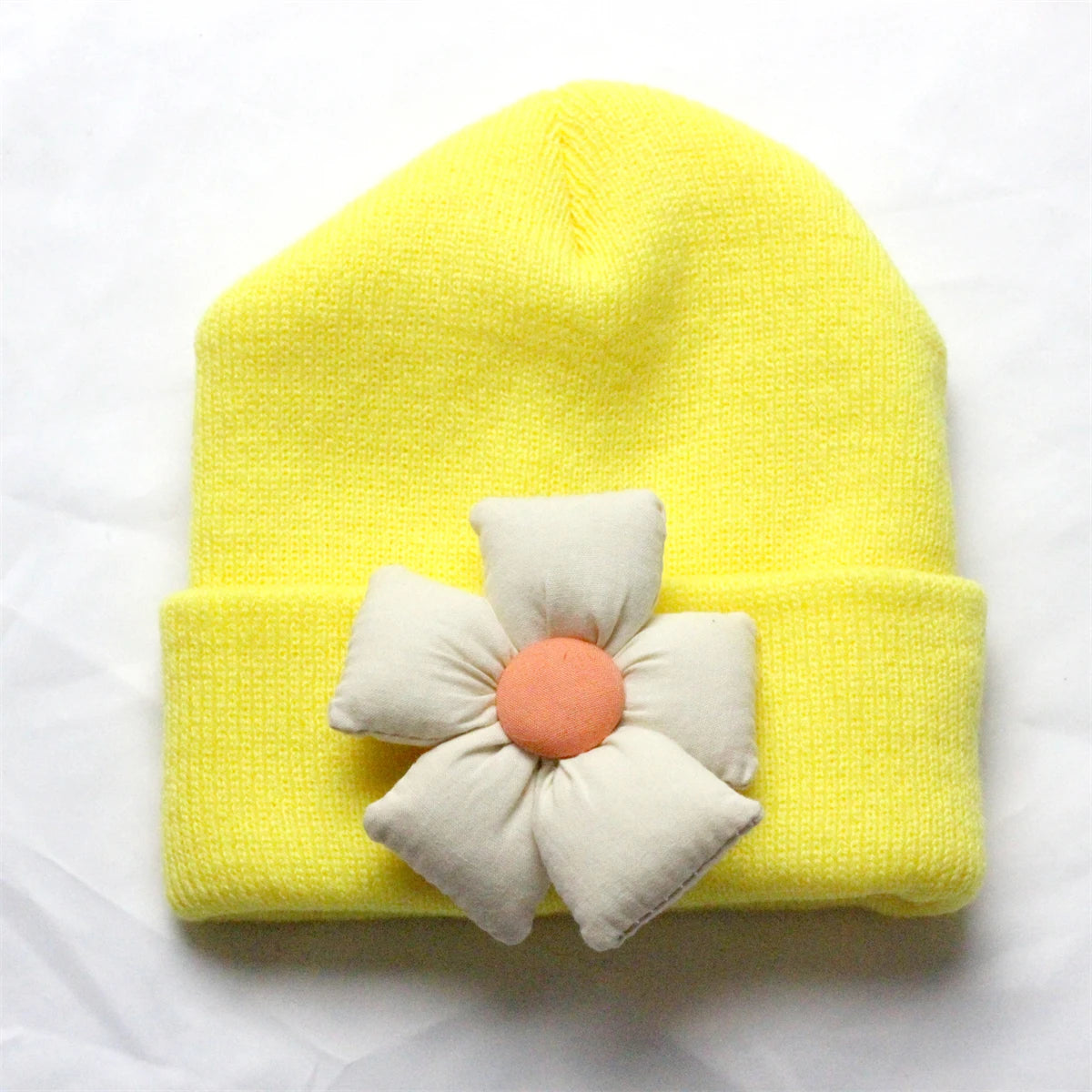 Flower Winter Knitted Hat for Baby Girl Hair Accessories Newborn Cute Winter Crochet Beanie with Fabric Sun Flower Infant Bonnet
