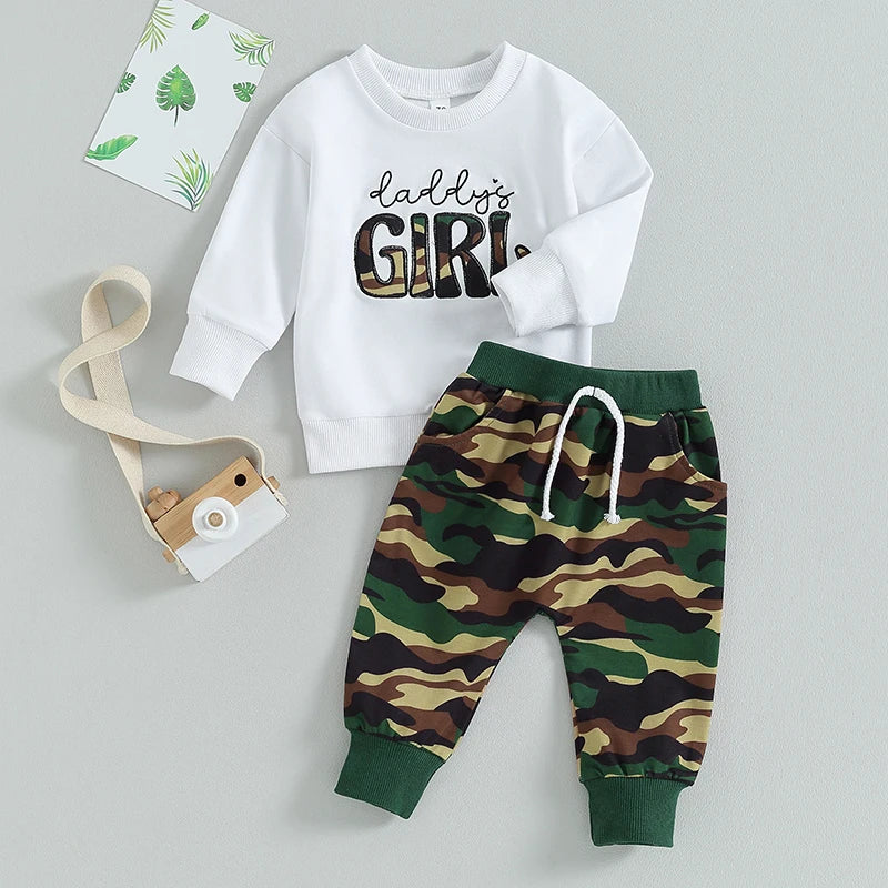 Adorable Baby Girl 2-Piece Spring Ensemble with Floral Embroidered Pullover and Camo Print Pants - Cute Toddler Outfit for