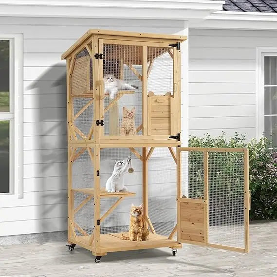 Multi-Level Outdoor Cat Enclosure with Window Access, Portable Indoor Cat House, Removable Floor for Large Cats