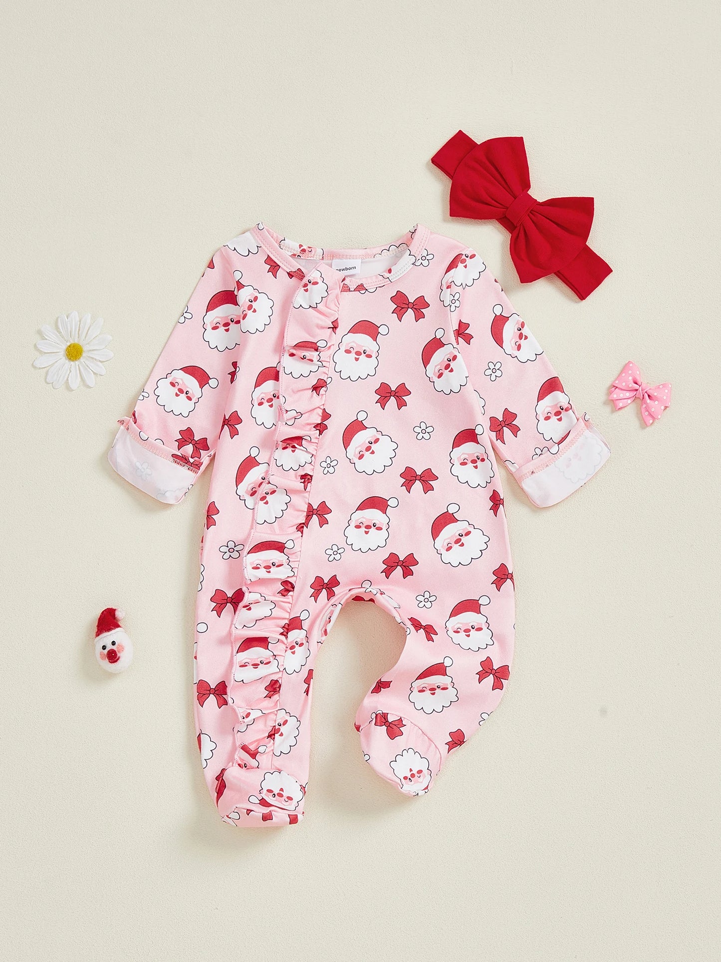 Cute Baby Boy Christmas Romper Reindeer Print Long Sleeve Snap Up Footed Jumpsuit with Matching Hat and Socks