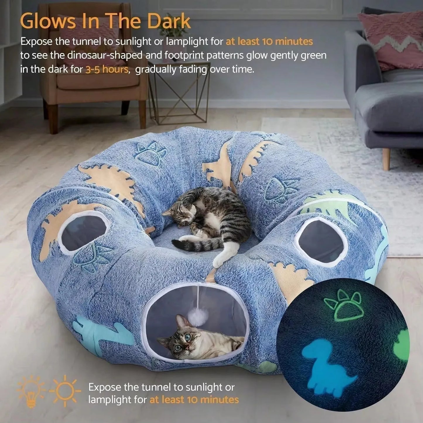 3 in 1 Cat Tunnel Foldable Storage Glows at Night with Washable Round Mat 4 Openings Design for up to 10kg Cats Rabbits Puppies
