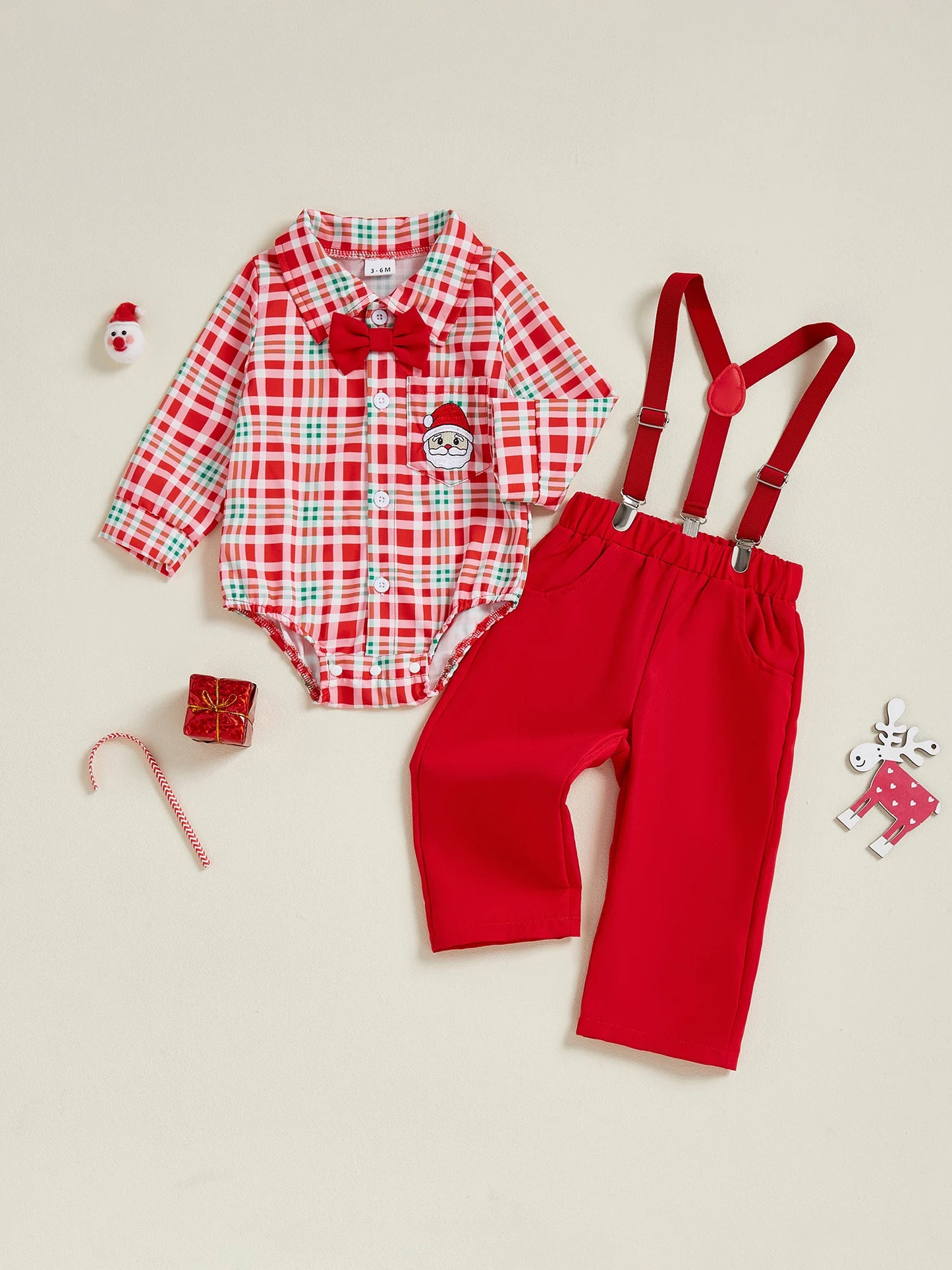 Toddler Boys Holiday Outfit Long Sleeve Plaid Shirt and Suspender Pants Set with Bow Tie Christmas Party Costume