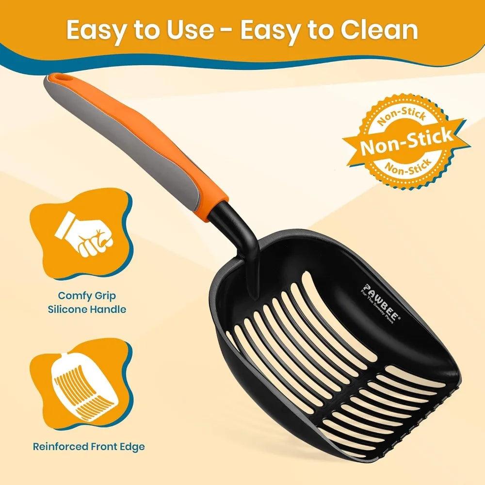 PAWBEE Metal Cat Litter Scoop, Premium Non-Stick Cat Litter Scooper with Holder, Deep Shovel metal pooper scooper, Long Non-Slip