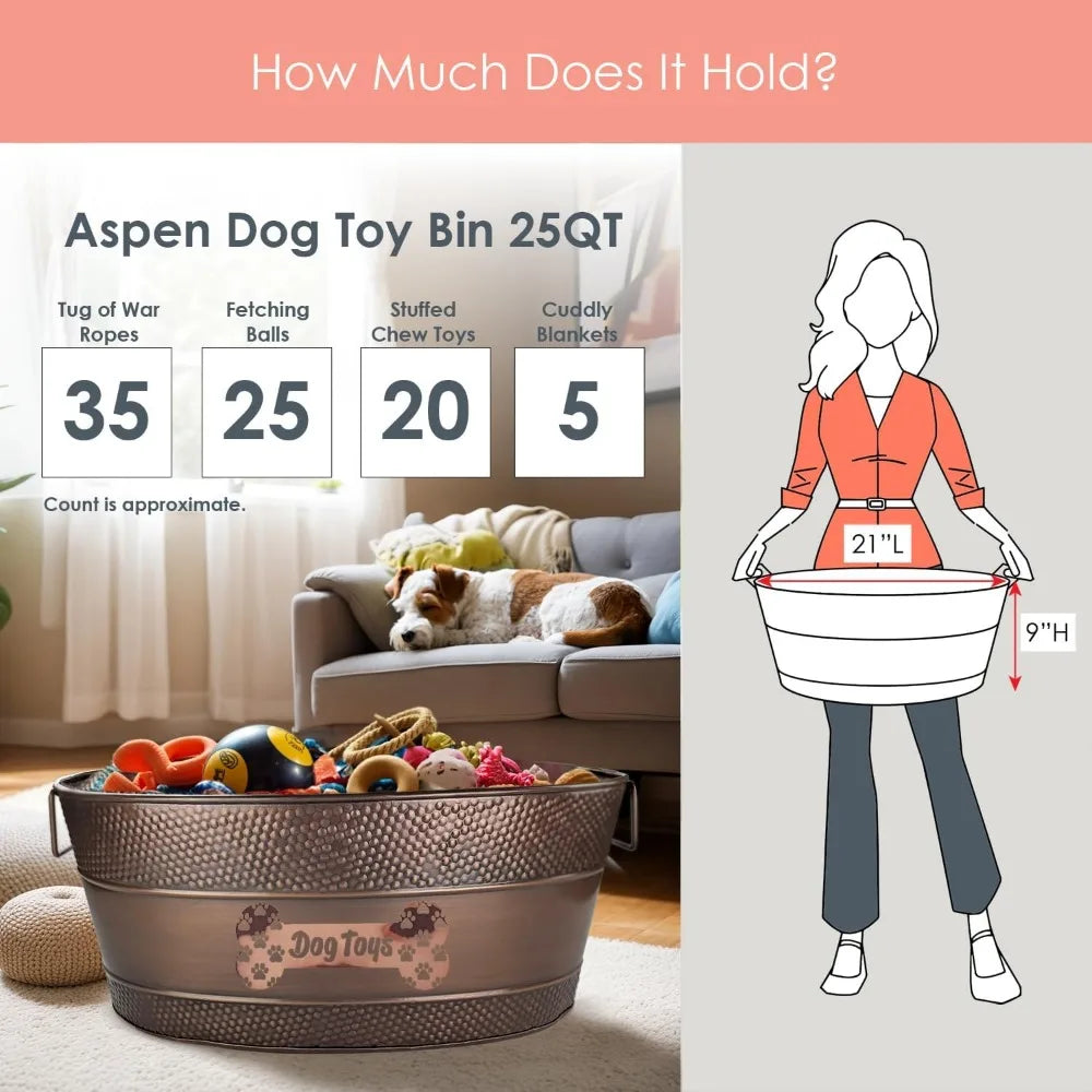 Personalized Metal Dog Toy Bin - Copper Galvanized Storage Bin with Handles, Basket for Pet Toys, Dog Toy Box, Pet Storage - Cus