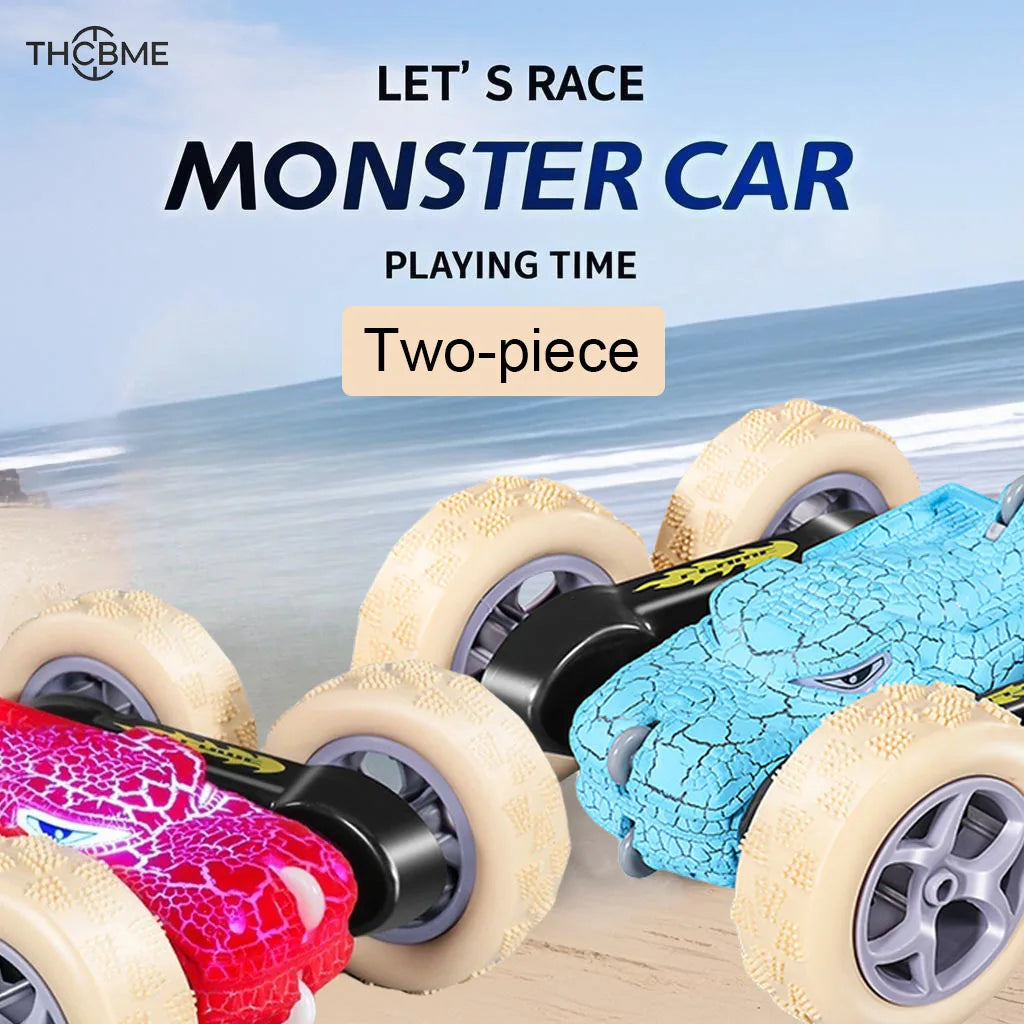 【local warehouse】Set of 2 new crack dinosaur remote control car, double side light with stunt, high speed reversible,toys for bo