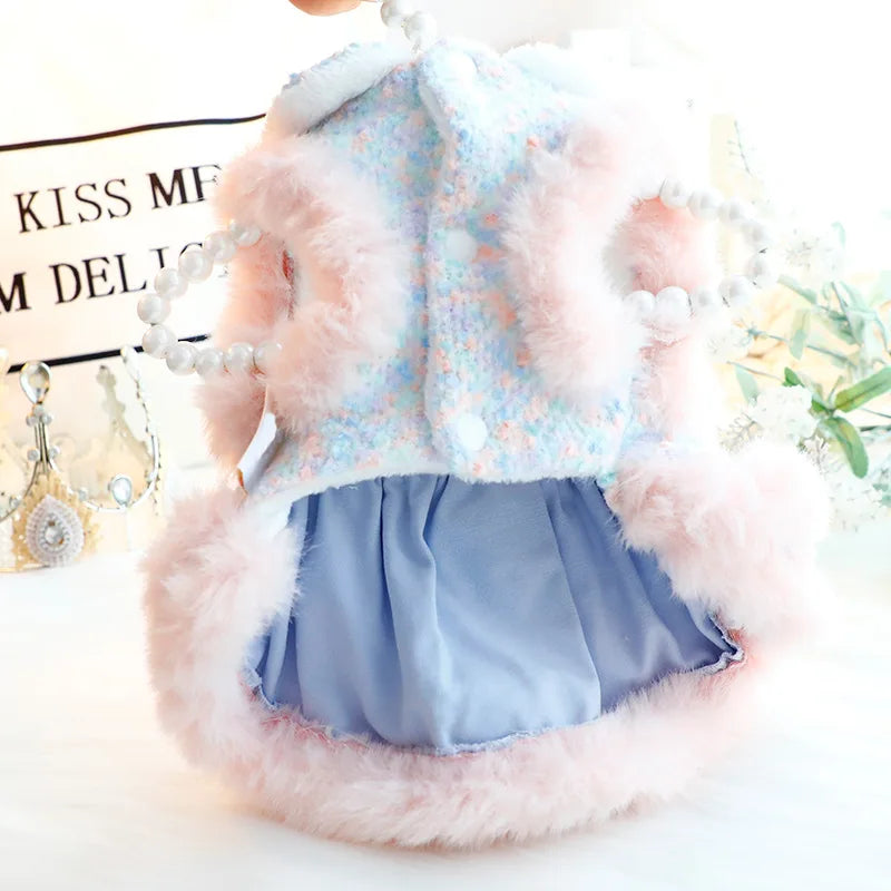 Dog Fur Dress Autumn and Winter Thick Cat Princess Dress Colorful Plush Lace Coat Traction Small Dog Teddy Pet Top Puppy Clothes