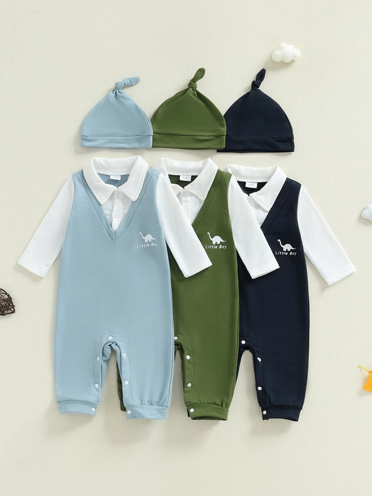 Toddler Boys Autumn Romper Color Block Long Sleeve Lapel Animal Print  Outfit with Matching Beanie