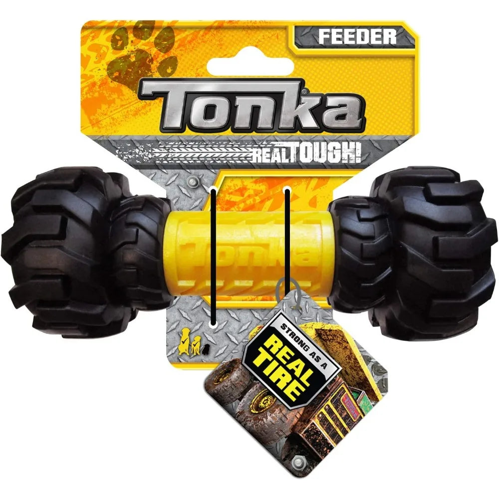 Tonka Three Dog Toy Gift Set - 3in Mega Ball, 7in Axle Tread with Insert Feeder, and 10.5in Rubber Flex Tread 3-Ring Tug - Yello