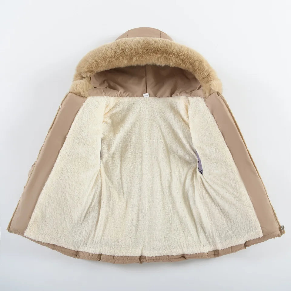 2025 Hooded Windproof coat Winter Girls Outwear Children Thick Cotton Coat Kids Girls Warm Pearls Jacket Plush Collar Outdorr