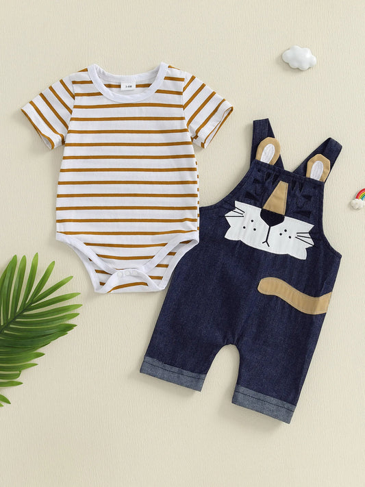Toddler Boy Outfit Set Striped Shirt with Bear Patch Overalls 2 Piece Clothing Set for Baby Boys