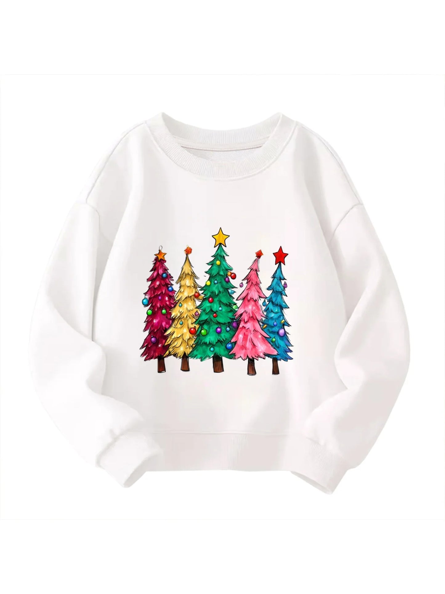 Kids Children's Cotton Sweatshirt Colorful Christmas Trees with Star Toppers for Boys Girls Winter Seasonal Theme Outfit