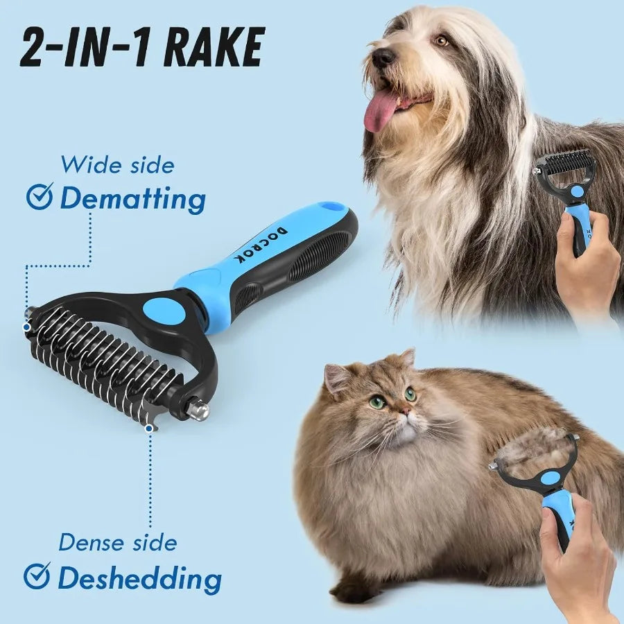Pet Grooming Combo Blue Deshedding Brush with Metal Comb for Detangling and Dematting Long Matted Fur on Cats and Dogs Ideal fo