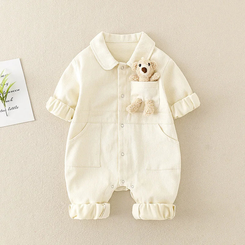 Spring Denim Baby Jumpsuit Cartoon Pocket Bear Romper for Boys Girls Newborn Overalls Korean Style Onesie Autumn Kids Clothing