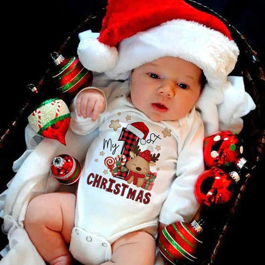 My First Christmas Newborn Baby Long Sleeve Romper Cartoon Deer Santa Printed Outfit Infant Baptism Bodysuit Clothes Xmas Gift