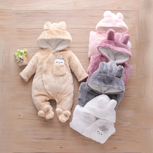 New Autumn Winter Baby Plush Climbing Clothes - Warm Thick Cartoon Dog/Rabbit Cotton Outfit for 0-2 Years Old | Cute Baby Romper
