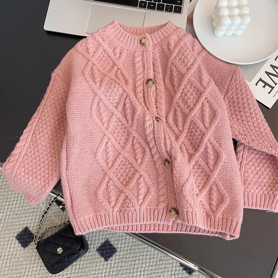 Kid Knitting Sweater Child Autumn Winter Solid Casual Cardigan Knitted Coat Baby Girls Long Sleeves Knitwear Top Twisted Clothes