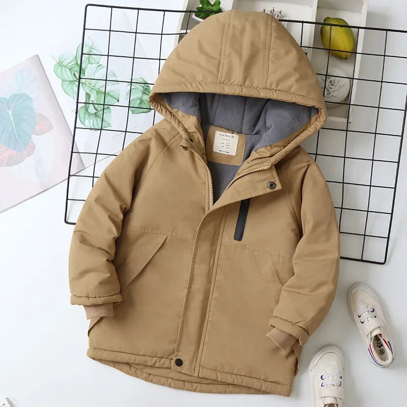 Autumn Winter 4-14 Year Boys Hooded Plus Velvet Thicken Warm Children Parka Teenage Boy Outerwear Jacket