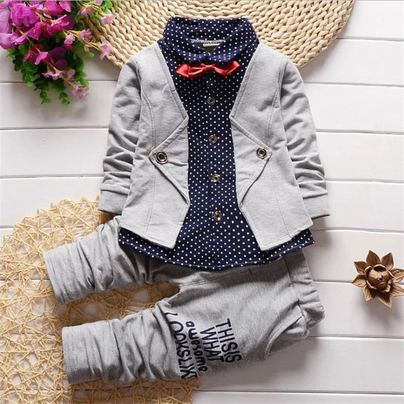 Autumn toddler boy polka dot V-neck bow tie shirt+suit jacket+letter printed trousers 3Pcs suit