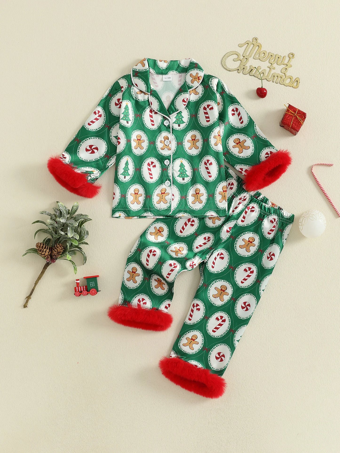 Girls Christmas Satin Pajama Set with Reindeer Print Lapel Long Sleeve Button Down Top and Matching Pants Sleepwear
