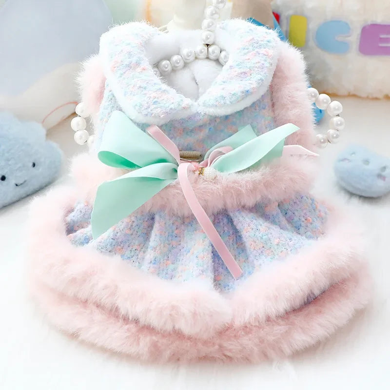 Dog Fur Dress Autumn and Winter Thick Cat Princess Dress Colorful Plush Lace Coat Traction Small Dog Teddy Pet Top Puppy Clothes