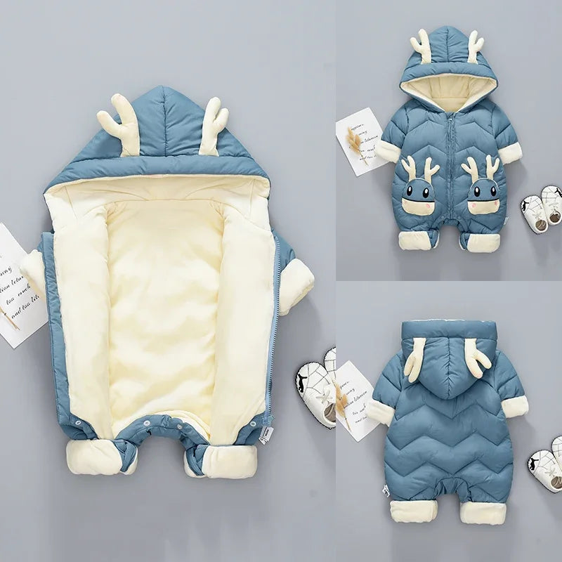 2025 Baby Winter Snowsuit Plus Velvet Thick Baby Boys Jumpsuit 0-2 Years Newborn Romper Baby Girls Overalls Toddler Coat