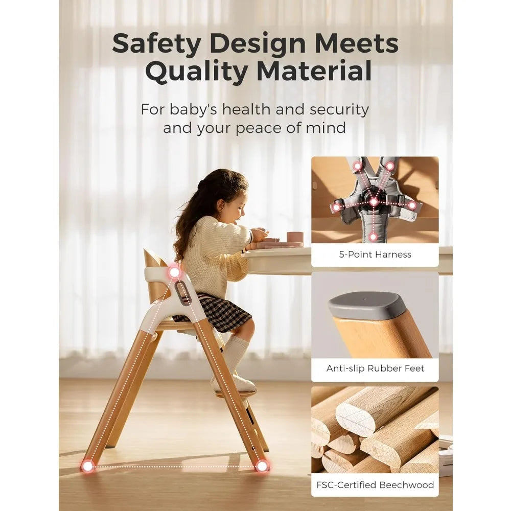 dinerpal wooden high chair for babies, toddlers & adults up to 308 lbs, convertible baby highchair with food-grade tray, dishwa