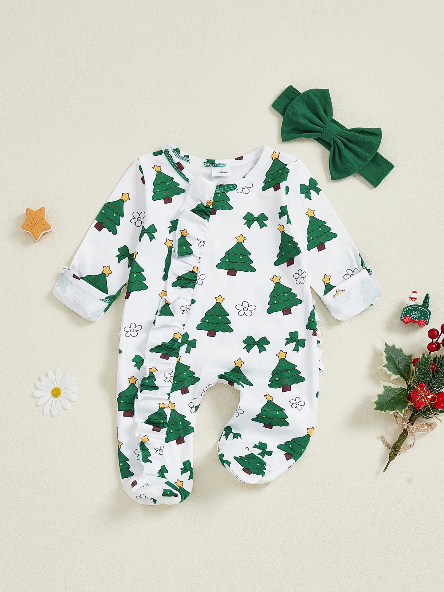 Cute Baby Boy Christmas Romper Reindeer Print Long Sleeve Snap Up Footed Jumpsuit with Matching Hat and Socks