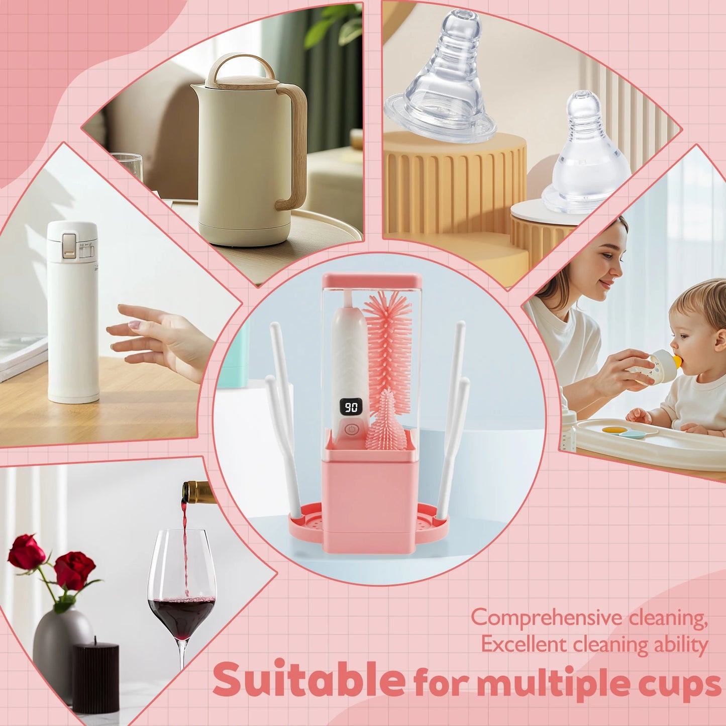 Multifunctional Electric Cup Brush Kitchen Glass Bottle Cleaning Brush Adjustable Level Rechargeable Tea Cup Baby Bottle Cleaner
