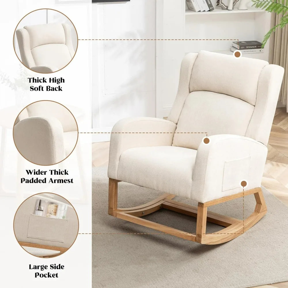 Rocking Chair Nursery, Nursing Rocking Chairs For Mom Nursery, Comfy Wingback Glider Rocking Armchair With Foot Rest And Side Po