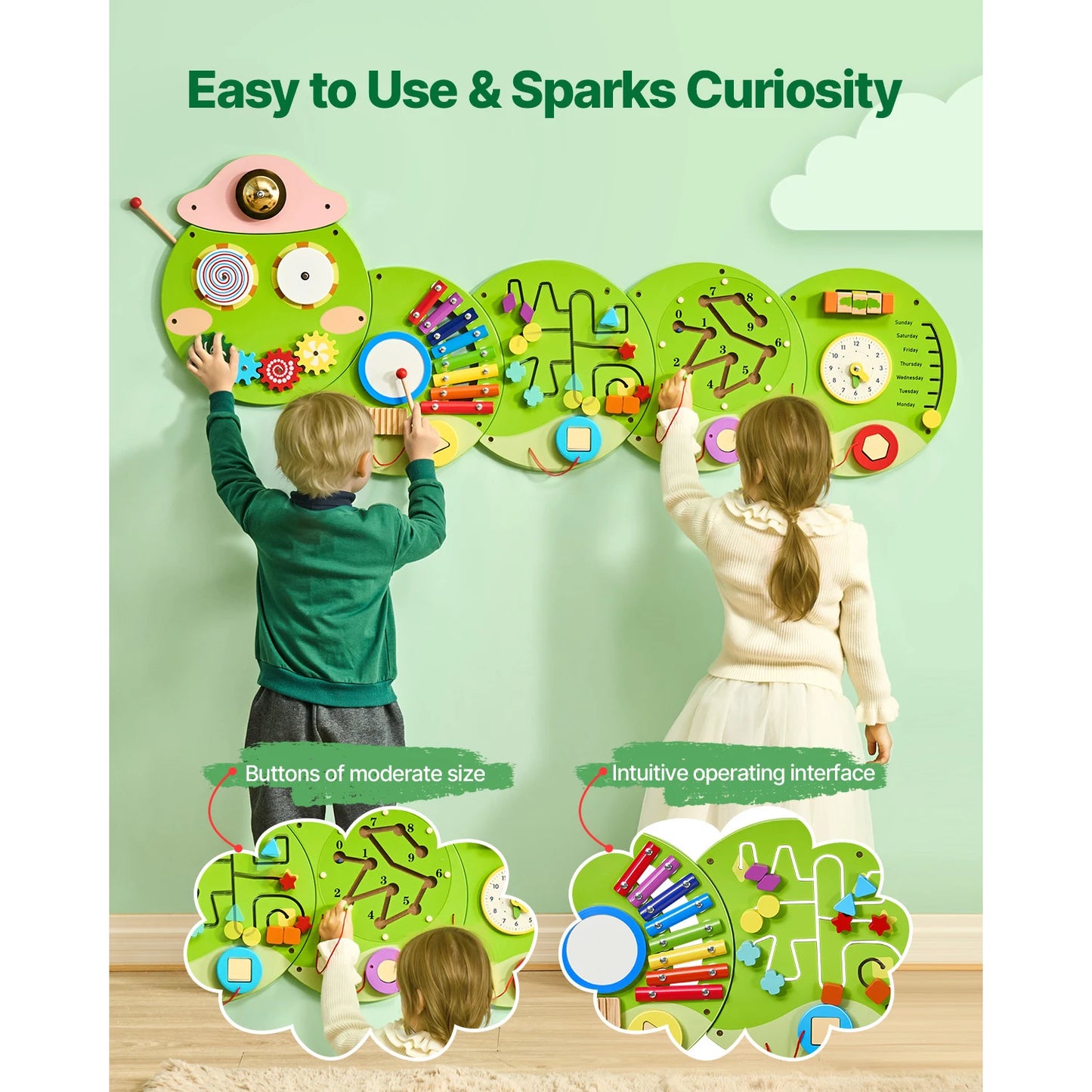SucceBuy Caterpillar Children Wall Busy Board 12 Activities Montessori Sensory Learning Center for Kids 3-12 Years Playroom Toys