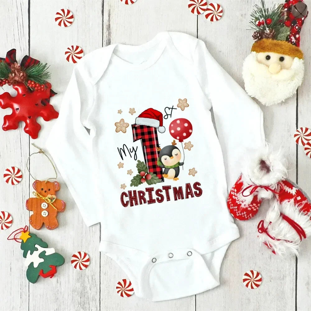 My First Christmas Newborn Baby Long Sleeve Romper Cartoon Deer Santa Printed Outfit Infant Baptism Bodysuit Clothes Xmas Gift