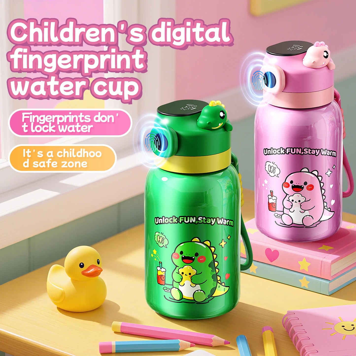 316 Stainless Steel Children's Fingerprint Embossed Insulated Water Bottle Stylish Student Portable Design Dual-Use Straw Cup